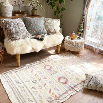 美品☆ パターンコットンラグマット おしゃれな北欧デザインのコットンラグ（インド綿100%/薄手